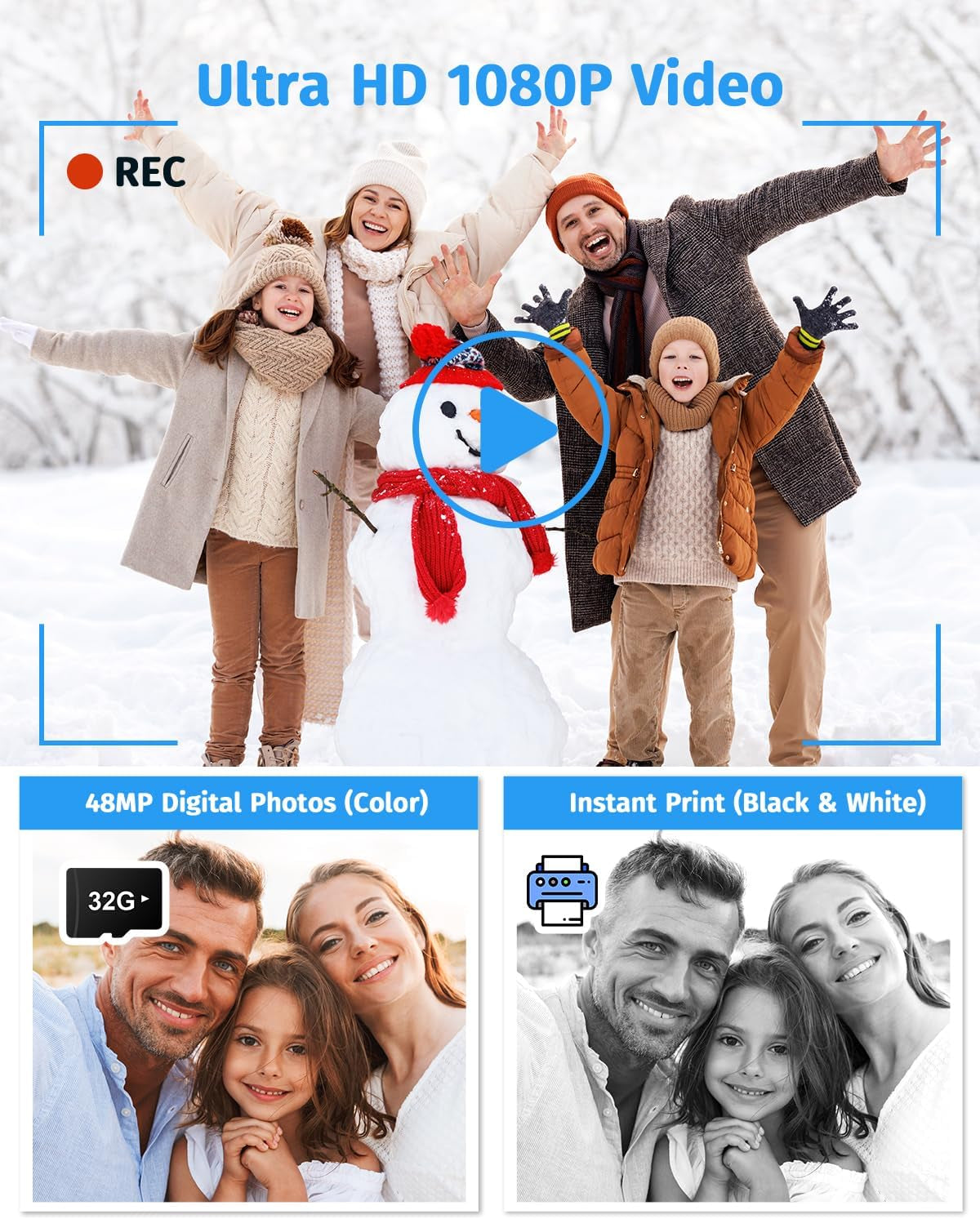 Instant Camera, Dual-Lens Kids Camera Instant Print for Boys Girls Christmas Birthday Gifts, 1080P Digital Cameras for Kids Teens with Print Paper, 32GB Card, Toddle Toy for Age 4-12 Years(Black)