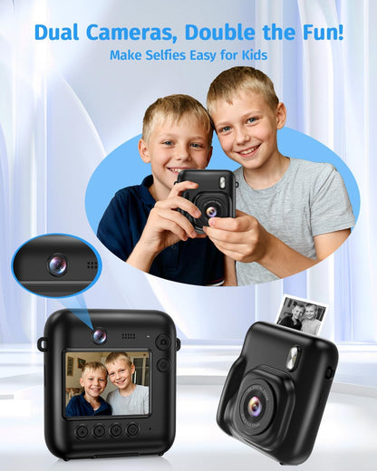 Instant Camera, Dual-Lens Kids Camera Instant Print for Boys Girls Christmas Birthday Gifts, 1080P Digital Cameras for Kids Teens with Print Paper, 32GB Card, Toddle Toy for Age 4-12 Years(Black)