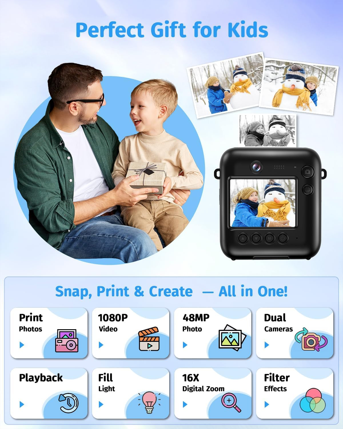 Instant Camera, Dual-Lens Kids Camera Instant Print for Boys Girls Christmas Birthday Gifts, 1080P Digital Cameras for Kids Teens with Print Paper, 32GB Card, Toddle Toy for Age 4-12 Years(Black)